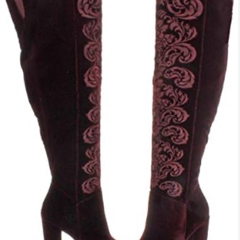 Jessica Simpson “Grizella” Burgundy Embroidered Knee-High Boots